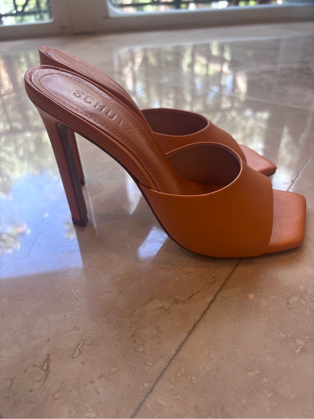 SCHUTZ Orange Leather High Heel Mules
